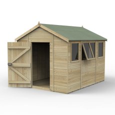 10x8 Forest Timberdale Tongue and Groove Apex Shed with Four Windows - isolated angle view, doors open