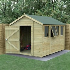 10x8 Forest Timberdale Tongue and Groove Apex Shed with Four Windows - in situ, angle view