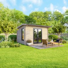 12 x 8 Powersheds Apex Log Cabin In 44mm Log Thickness with uPVC -  insitu - angle view - Doors central