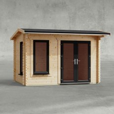 12 x 8 Powersheds Apex Log Cabin In 44mm Log Thickness with uPVC -  insitu - Isolated view - Doors to the right