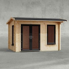 12 x 8 Powersheds Apex Log Cabin In 44mm Log Thickness with uPVC -  insitu - Isolated view - Doors to the left