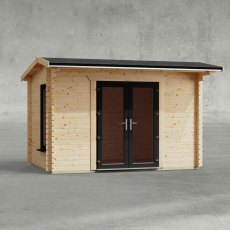 12 x 8 Powersheds Apex Log Cabin In 44mm Log Thickness with uPVC -  insitu - Isolated view - Doors central
