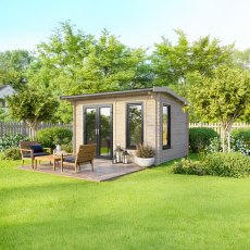 12 x 8 Powersheds Apex Log Cabin In 44mm Log Thickness with uPVC -  insitu - angle view - Doors to the left