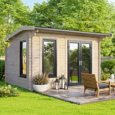 Front gable view of the 12 x 8 Powersheds apex log cabin in 44mm timber thickness featuring uPVC double doors positioned on the right hand side.