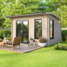 Exterior shot of the 12 x 8 Powersheds 44mm apex log cabin showing the anthracite uPVC doors located on the left hand side of the building.