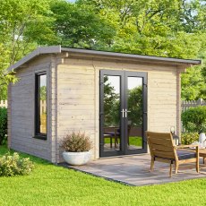 Symmetrical front profile of the 12 x 8 Powersheds apex log cabin with 44mm thick logs and centrally positioned uPVC glass doors.