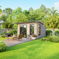 12 x 10 Powersheds Apex Log Cabin In 44mm Log Thickness with uPVC -  insitu - angle view - Doors to the left