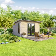 12 x 10 Powersheds Apex Log Cabin In 44mm Log Thickness with uPVC -  insitu - angle view - Doors central