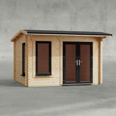 12 x 10 Powersheds Apex Log Cabin In 44mm Log Thickness with uPVC -  insitu - Isolated view - Doors to the right