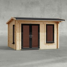 12 x 10 Powersheds Apex Log Cabin In 44mm Log Thickness with uPVC -  insitu - Isolated view - Doors to the left