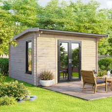 Symmetrical front profile of the 12 x 10 Powersheds apex log cabin with 44mm thick logs and centrally positioned uPVC glass doors.