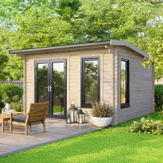 Exterior shot of the 12 x 10 Powersheds 44mm apex log cabin showing the anthracite uPVC doors located on the left hand side of the building.