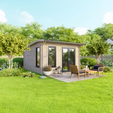 12 x 12 Powersheds Apex Log Cabin In 44mm Log Thickness with uPVC -  insitu - angle view - Doors to the right