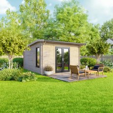 12 x 12 Powersheds Apex Log Cabin In 44mm Log Thickness with uPVC -  insitu - angle view - Doors central