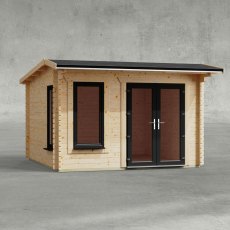 12 x 12 Powersheds Apex Log Cabin In 44mm Log Thickness with uPVC -  insitu - Isolated view - Doors to the right