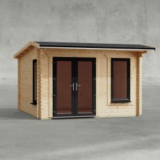 12 x 12 Powersheds Apex Log Cabin In 44mm Log Thickness with uPVC -  insitu - Isolated view - Doors to the left