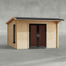 12 x 12 Powersheds Apex Log Cabin In 44mm Log Thickness with uPVC -  insitu - Isolated view - Doors central (no windows)