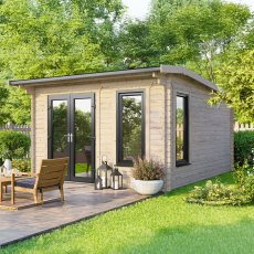 Exterior shot of the 12 x 12 Powersheds 44mm apex log cabin showing the anthracite uPVC doors located on the left hand side of the building.