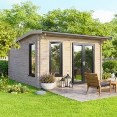 Front gable view of the 12 x 12 Powersheds apex log cabin in 44mm timber thickness featuring uPVC double doors positioned on the right hand side.