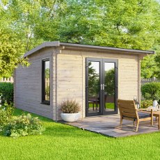 Symmetrical front profile of the 12 x 12 Powersheds apex log cabin with 44mm thick logs and centrally positioned uPVC glass doors.