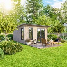 12 x 14 Powersheds Apex Log Cabin In 44mm Log Thickness with uPVC -  insitu - angle view - Doors to the right