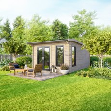 12 x 14 Powersheds Apex Log Cabin In 44mm Log Thickness with uPVC -  insitu - angle view - Doors to the left