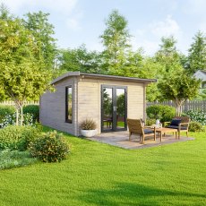 12 x 14 Powersheds Apex Log Cabin In 44mm Log Thickness with uPVC -  insitu - angle view - Doors central