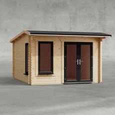 12 x 14 Powersheds Apex Log Cabin In 44mm Log Thickness with uPVC -  insitu - Isolated view - Doors to the right