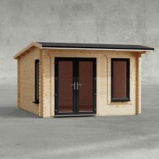 12 x 14 Powersheds Apex Log Cabin In 44mm Log Thickness with uPVC -  insitu - Isolated view - Doors to the left