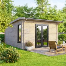 Symmetrical front profile of the 12 x 14 Powersheds apex log cabin with 44mm thick logs and centrally positioned uPVC glass doors.