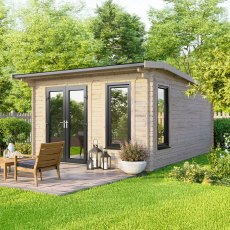 Exterior shot of the 12 x 14 Powersheds 44mm apex log cabin showing the anthracite uPVC doors located on the left hand side of the building.