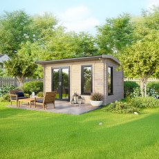 14 x 8 Powersheds Apex Log Cabin In 44mm Log Thickness with uPVC -  insitu - angle view - Doors to the left