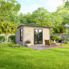 14 x 8 Powersheds Apex Log Cabin In 44mm Log Thickness with uPVC -  insitu - angle view - Doors central