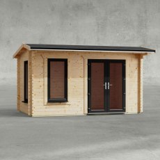 14 x 8 Powersheds Apex Log Cabin In 44mm Log Thickness with uPVC -  insitu - Isolated view - Doors to the right