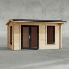 14 x 8 Powersheds Apex Log Cabin In 44mm Log Thickness with uPVC -  insitu - Isolated view - Doors to the left