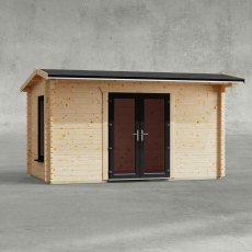 14 x 8 Powersheds Apex Log Cabin In 44mm Log Thickness with uPVC -  insitu - Isolated view - Doors central