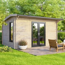 The 14 x 8 Powersheds Apex Log Cabin in 44mm Log Thickness with uPVC situated in a garden with the doors located in the centre of the apex front.