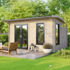 14 x 8 Powersheds Apex Log Cabin In 44mm Log Thickness with uPVC - insitu - angle view - Doors to the left
