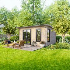 14 x 10 Powersheds Apex Log Cabin In 44mm Log Thickness with uPVC -  insitu - angle view - Doors to the left