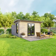 14 x 10 Powersheds Apex Log Cabin In 44mm Log Thickness with uPVC -  insitu - angle view - Doors central