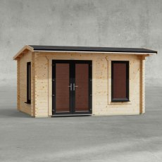 14 x 10 Powersheds Apex Log Cabin In 44mm Log Thickness with uPVC -  insitu - Isolated view - Doors to the left