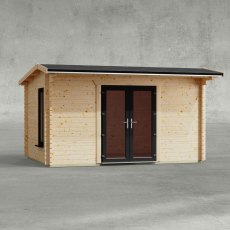 14 x 10 Powersheds Apex Log Cabin In 44mm Log Thickness with uPVC -  insitu - Isolated view - Doors central