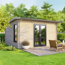 Symmetrical front profile of the 14 x 10 Powersheds apex log cabin with 44mm thick logs and centrally positioned uPVC glass doors.
