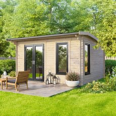 Exterior shot of the 14 x 10 Powersheds 44mm apex log cabin showing the anthracite uPVC doors located on the left hand side of the building.