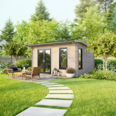 14 x 12 Powersheds Apex Log Cabin In 44mm Log Thickness with uPVC -  insitu - angle view - Doors to the left