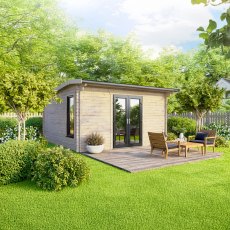 14 x 12 Powersheds Apex Log Cabin In 44mm Log Thickness with uPVC -  insitu - angle view - Doors central