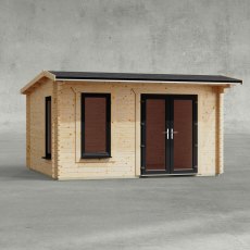 14 x 12 Powersheds Apex Log Cabin In 44mm Log Thickness with uPVC -  insitu - Isolated view - Doors to the right