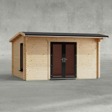 14 x 12 Powersheds Apex Log Cabin In 44mm Log Thickness with uPVC -  insitu - Isolated view - Doors central