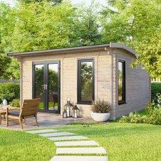 Exterior shot of the 14 x 12 Powersheds 44mm apex log cabin showing the anthracite uPVC doors located on the left hand side of the building.