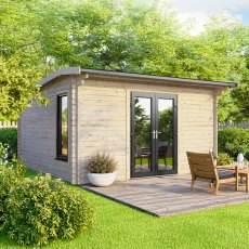 Symmetrical front profile of the 14 x 12 Powersheds apex log cabin with 44mm thick logs and centrally positioned uPVC glass doors.